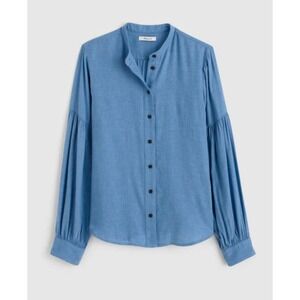 Madewell Women Medium Blue Button Down Flannel Puff Sleeve Band Collar Shirt